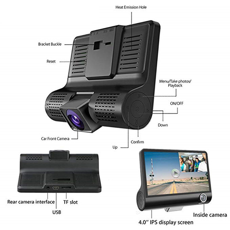 Dashcam Three Way Car DVR with Dual / Reverse Camera Night Vision Dash Cam - Image 2